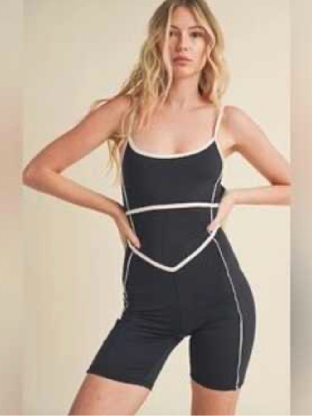 Black Contrast-Trim Tank Romper Jumpsuit